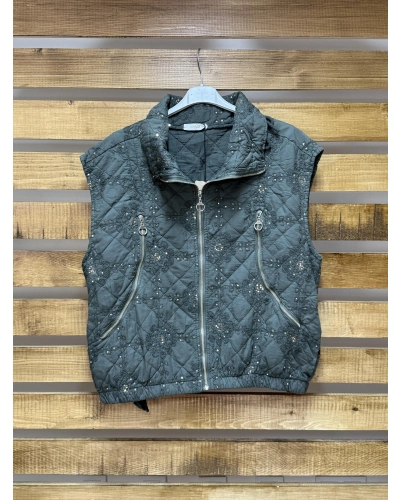 İtalyan Tasarım Asimetrik Fermuar Detaylı Yelek Haki Yeşil