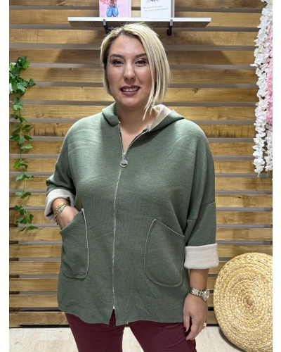 İtalyan Tasarım Kapüşonlu Düz Desen Kap Haki