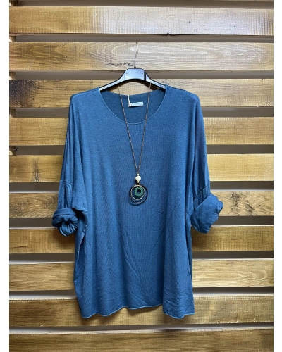 İtalyan Tasarım Yuvarlak Yaka Hamur Triko Bluz Mavi