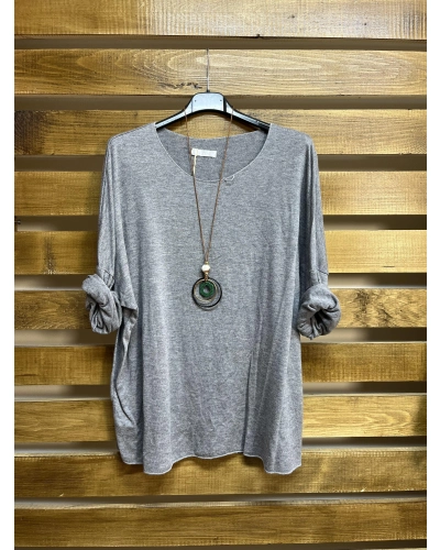 İtalyan Tasarım Yuvarlak Yaka Hamur Triko Bluz Gri