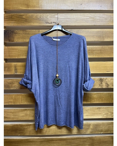 İtalyan Tasarım Yuvarlak Yaka Hamur Triko Bluz İndigo