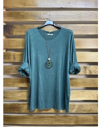 İtalyan Tasarım Yuvarlak Yaka Hamur Triko Bluz Zümrüt Yeşil