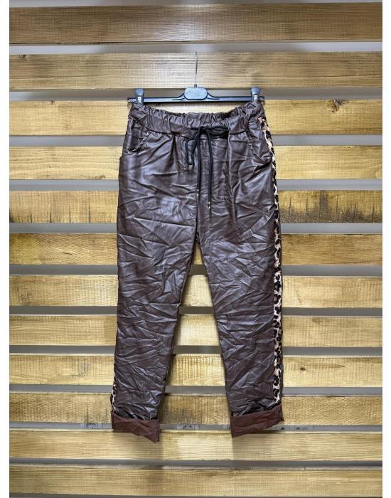 İtalyan Tasarım Deri Leopar Detaylı Likralı Pantolon Acı Kahverengi