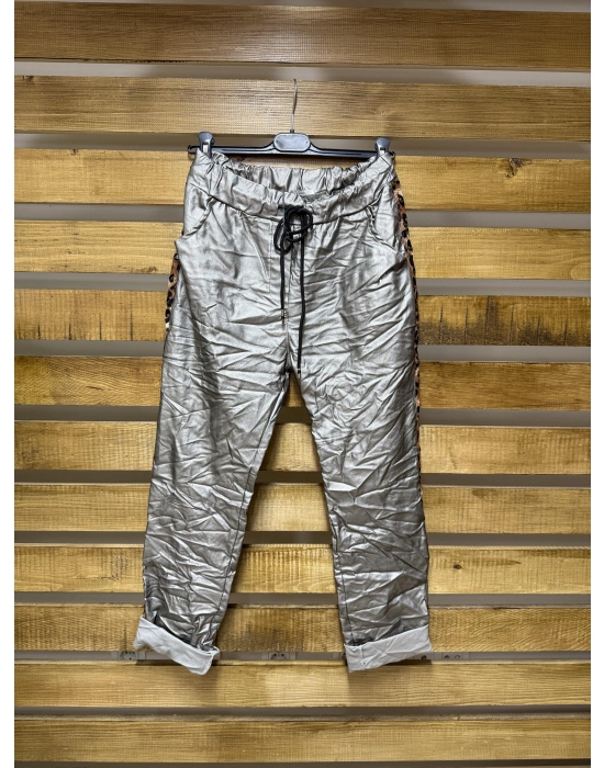 İtalyan Tasarım Deri Leopar Detaylı Likralı Pantolon Gri