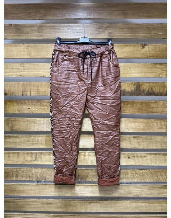 İtalyan Tasarım Deri Leopar Detaylı Likralı Pantolon Taba