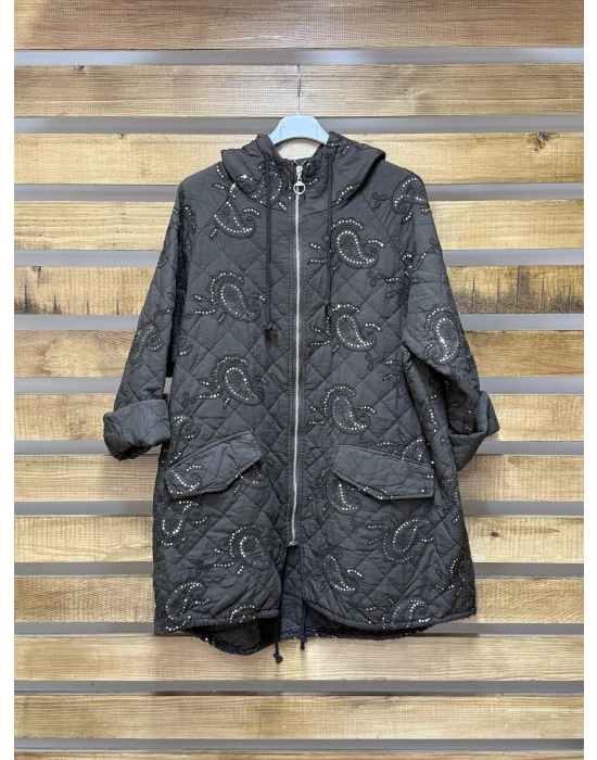 İtalyan Tasarım İşlemeli Kapüşonlu Mont Kahverengi