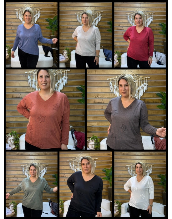 italyan tasarım yıldız kabartmalı hamur triko bluz kahve ve beyaz