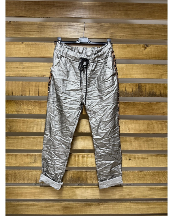 İtalyan Tasarım Deri Leopar Detaylı Likralı Pantolon Gri