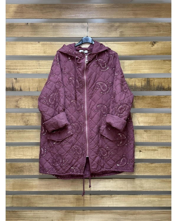 İtalyan Tasarım İşlemeli Kapüşonlu Mont Bordo