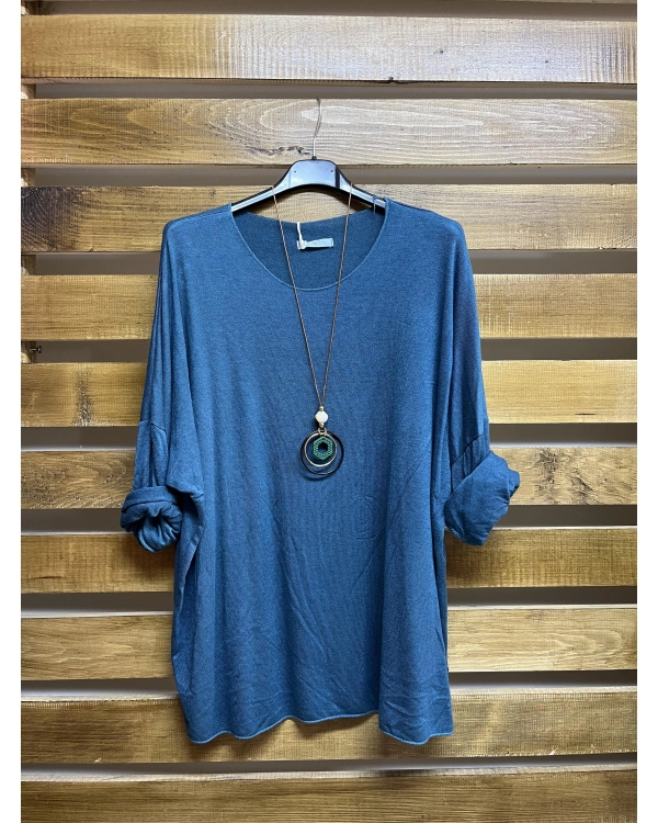 İtalyan Tasarım Yuvarlak Yaka Hamur Triko Bluz Mavi