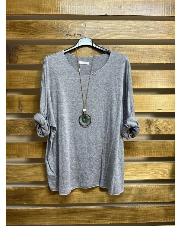 İtalyan Tasarım Yuvarlak Yaka Hamur Triko Bluz Gri