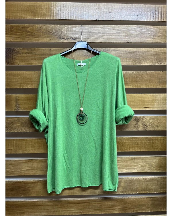 İtalyan Tasarım Yuvarlak Yaka Hamur Triko Bluz Fıstık Yeşil
