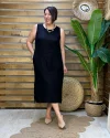 İtalyan Tasarım Sırt İşleme Detaylı Keten Elbise Siyah