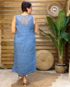 İtalyan Tasarım Sırt İşleme Detaylı Keten Elbise Mavi
