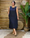 İtalyan Tasarım Sırt İşleme Detaylı Keten Elbise Lacivert