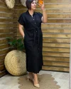 İtalyan Tasarım Önü Bağlama Detaylı Keten Elbise Siyah