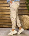 İtalyan Tasarım Çiçek Desen Full Likralı Kemerli Boyfriend Pantolon