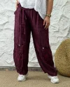 İtalyan Tasarım Keten Dantel Detaylı Pantolon Bordo