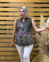 İtalyan Pamuk Keten Çicekli Bluz Kahve