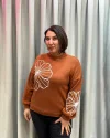 İtalyan Tasarım Çiçek İşlemeli Yumuşak Triko Bluz Tarçın
