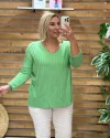 İtalyan Tasarım Fitilli V Yaka Bluz Neon Yeşil