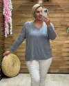 İtalyan Tasarım Fitilli V Yaka Bluz Gri