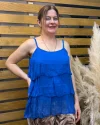 İtalyan Tasarım İp Askılı Sihirli İpek Bluz Saks Mavisi