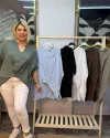 İtalyan Tasarım Önü Detaylı Ham Keten Bluz Siyah