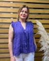 İtalyan Tasarım Önü Detaylı Sıfır Kol Keten Gömlek Mor