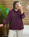 İtalyan Tasarım Taş İşlemeli Kapüşonlu Sweatshirt Bordo