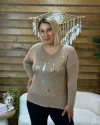 İtalyan Tasarım V Yaka Gümüş Baskılı Bluz Vizon