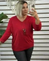 İtalyan Tasarım V Yaka Kolyeli Dokulu Bluz Kırmızı