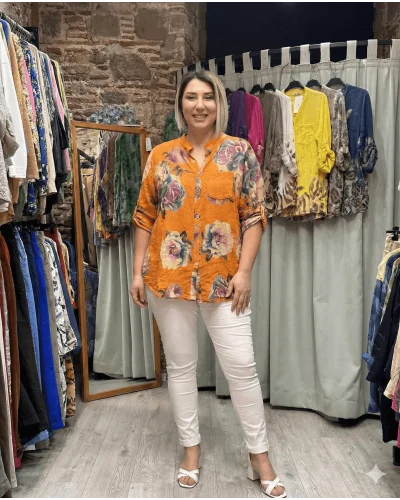 İtalyan Tasarım Gül Baskı Keten Gömlek Turuncu