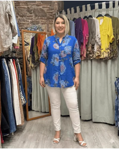 İtalyan Tasarım Gül Baskı Keten Gömlek Saks Mavi