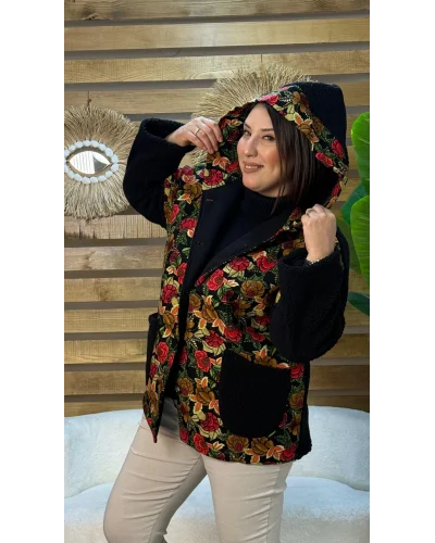 Tasarım Çiçek Motif Kapüşonlu Ceket