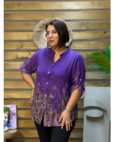 İtalyan Tasarım Keten Leopar Desen Gömlek Mor