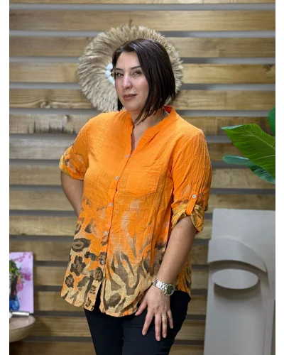 İtalyan Tasarım Keten Leopar Desen Gömlek Turuncu