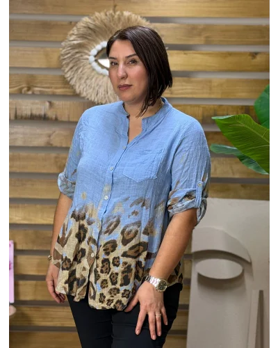 İtalyan Tasarım Keten Leopar Desen Gömlek İndigo