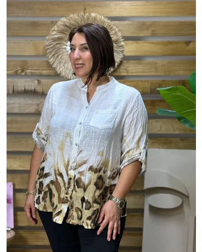 İtalyan Tasarım Keten Leopar Desen Gömlek Beyaz
