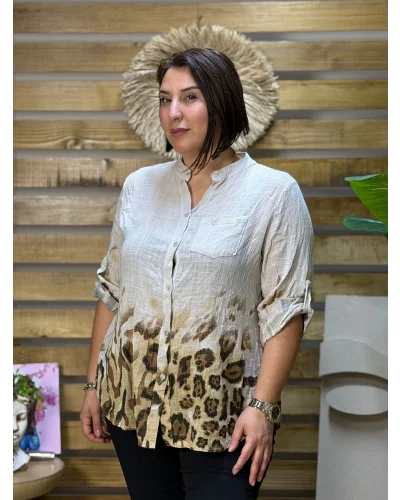 İtalyan Tasarım Keten Leopar Desen Gömlek Krem