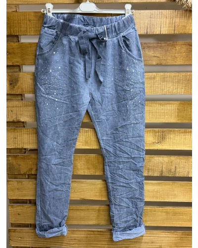 İtalyan Tasarım Taş İşleme Eskitme Detaylı Likralı Pantolon Mavi