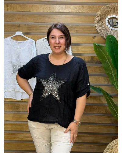 İtalyan Tasarım Önü Yıldız Kabartma Detaylı Bluz Siyah