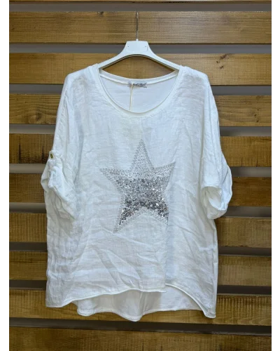 İtalyan Tasarım Önü Yıldız Kabartma Detaylı Bluz Beyaz