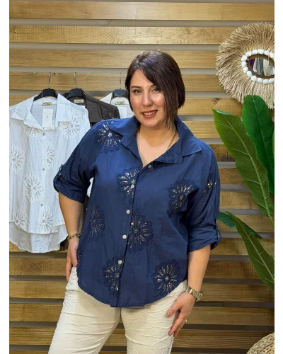 İtalyan Tasarım Nakış ve Payet İşlemeli Gömlek Lacivert