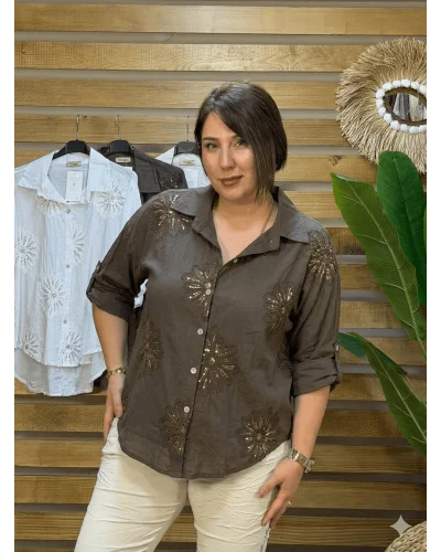 İtalyan Tasarım Nakış ve Payet İşlemeli Gömlek Kahve