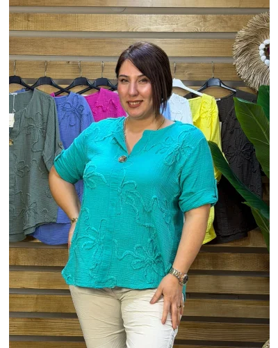 İtalyan Tasarım Gold Düğme ve Nakış Detay Müslin Gömlek Bluz Türk Mavi