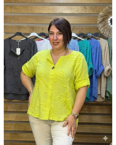 İtalyan Tasarım Gold Düğme ve Nakış Detay Müslin Gömlek Bluz Sarı