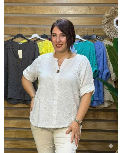 İtalyan Tasarım Gold Düğme ve Nakış Detay Müslin Gömlek Bluz Beyaz