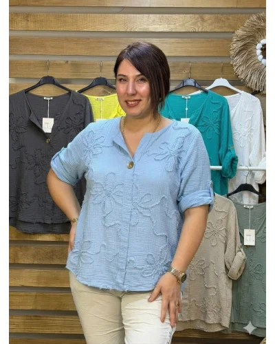 İtalyan Tasarım Gold Düğme ve Nakış Detay Müslin Gömlek Bluz İndigo