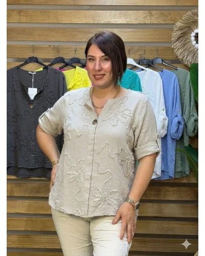 İtalyan Tasarım Gold Düğme ve Nakış Detay Müslin Gömlek Bluz Keten